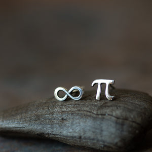 Mismatched Stud Earring Set, Tiny Greek Alphabet Letter Pi and Infinity Symbol - jewelry by CookOnStrike