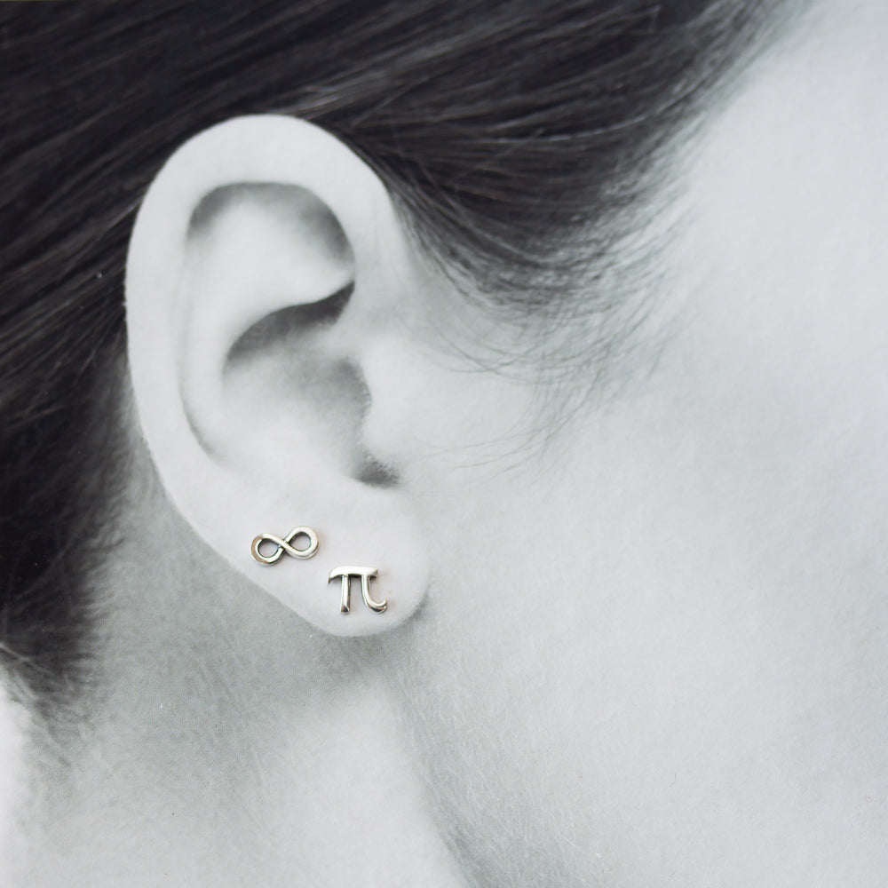 Mismatched Stud Earring Set, Tiny Greek Alphabet Letter Pi and Infinity Symbol - jewelry by CookOnStrike