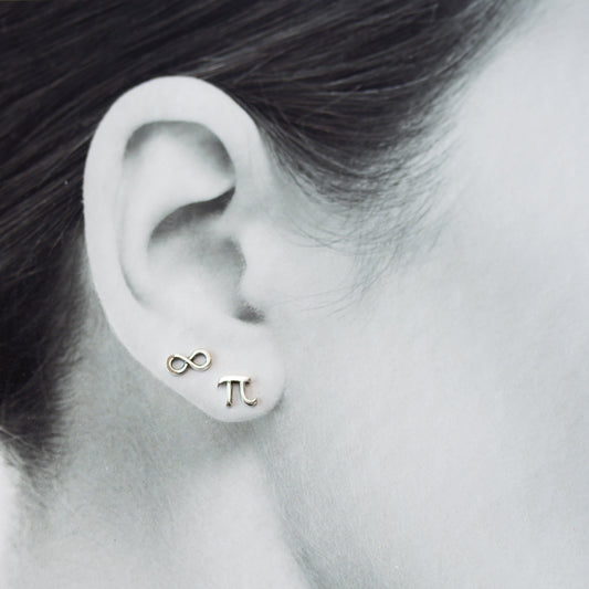 Mismatched Stud Earring Set, Tiny Greek Alphabet Letter Pi and Infinity Symbol - jewelry by CookOnStrike
