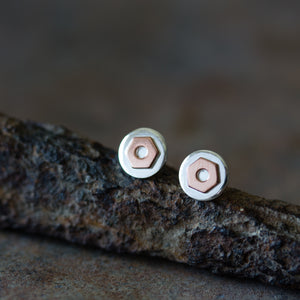 6.5mm Hex Nut Stud Earrings, Sterling Silver and Copper - jewelry by CookOnStrike