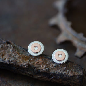Small Gear Stud Earrings, Sterling Silver and Copper - jewelry by CookOnStrike