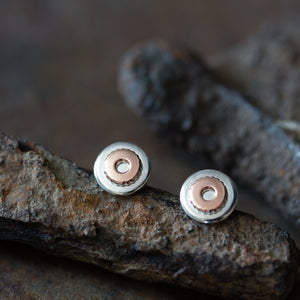 Small Gear Stud Earrings, Sterling Silver and Copper - jewelry by CookOnStrike