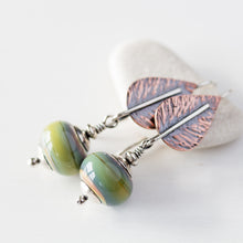 Load image into Gallery viewer, Pastel Green Earrings, hammered copper leaf with lampwork beads - jewelry by CookOnStrike