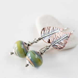 Pastel Green Earrings, hammered copper leaf with lampwork beads - jewelry by CookOnStrike