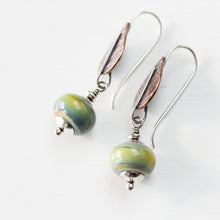Load image into Gallery viewer, Pastel Green Earrings, hammered copper leaf with lampwork beads - jewelry by CookOnStrike