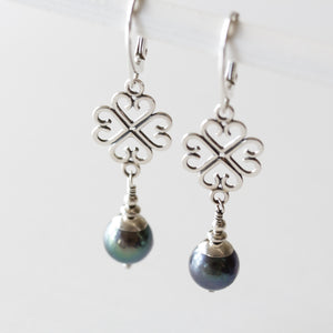 Elegant Four Leaf Clover Earrings with Black Pearl Drop - jewelry by CookOnStrike