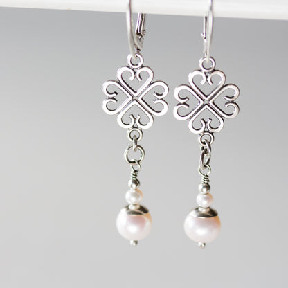 Long Elegant Pearl Earrings, Four Leaf Clover and White Pearl Dangle, Sterling Silver - jewelry by CookOnStrike
