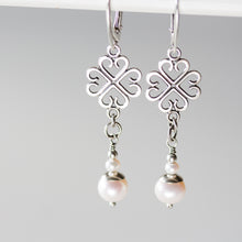 Load image into Gallery viewer, Long Elegant Pearl Earrings, Four Leaf Clover and White Pearl Dangle, Sterling Silver - jewelry by CookOnStrike