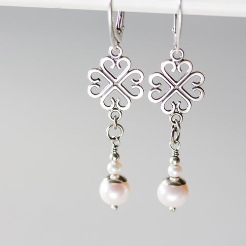 Long Elegant Pearl Earrings, Four Leaf Clover and White Pearl Dangle, Sterling Silver - jewelry by CookOnStrike