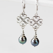 Load image into Gallery viewer, Elegant Four Leaf Clover Earrings with Black Pearl Drop - jewelry by CookOnStrike