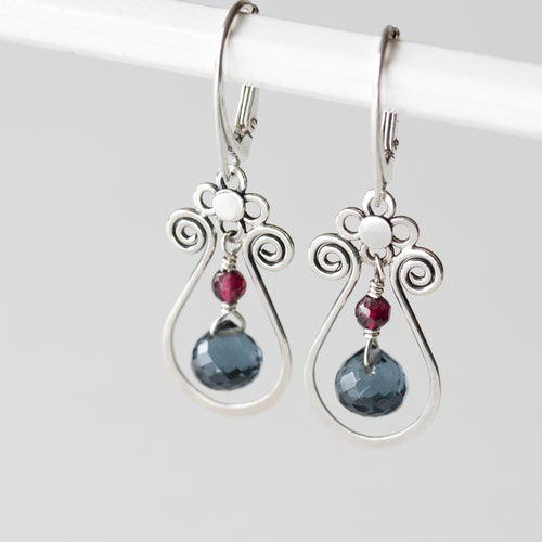 Blue and Red Gemstone Leverback Earrings, 925 sterling silver - jewelry by CookOnStrike