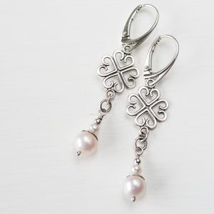 Long Elegant Pearl Earrings, Four Leaf Clover and White Pearl Dangle, Sterling Silver - jewelry by CookOnStrike