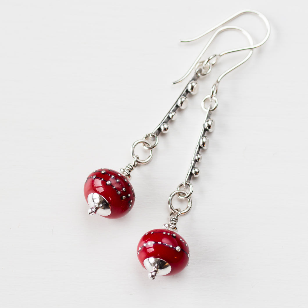 Contemporary Cherry Red Lampwork Earrings, Sterling Silver - jewelry by CookOnStrike