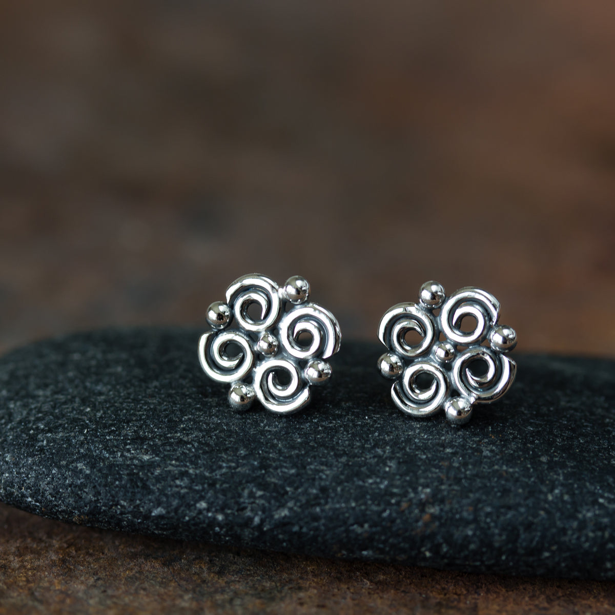 Small Intricate Spiral and Dot Ornamental Stud Earrings, Sterling Silv ...