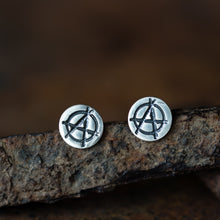 Load image into Gallery viewer, Punk Rock Anarchy Logo Stud Earrings, Hand Stamped Sterling Silver - jewelry by CookOnStrike