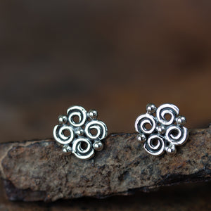 Small Intricate Spiral and Dot Ornamental Stud Earrings, Sterling Silver - jewelry by CookOnStrike