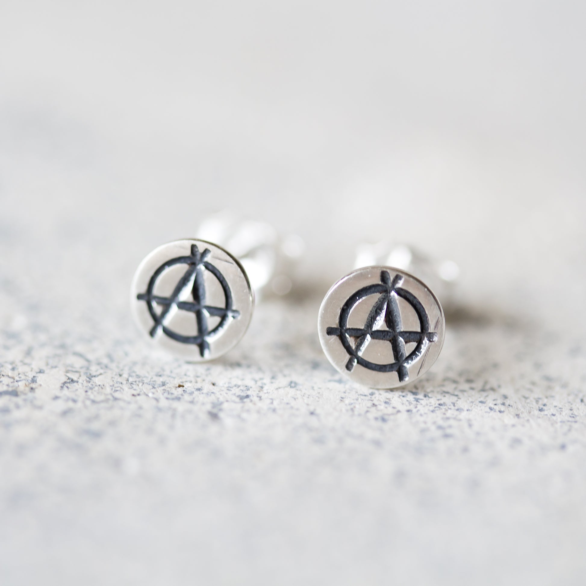 Punk Rock Anarchy Logo Stud Earrings, Hand Stamped Sterling Silver - jewelry by CookOnStrike