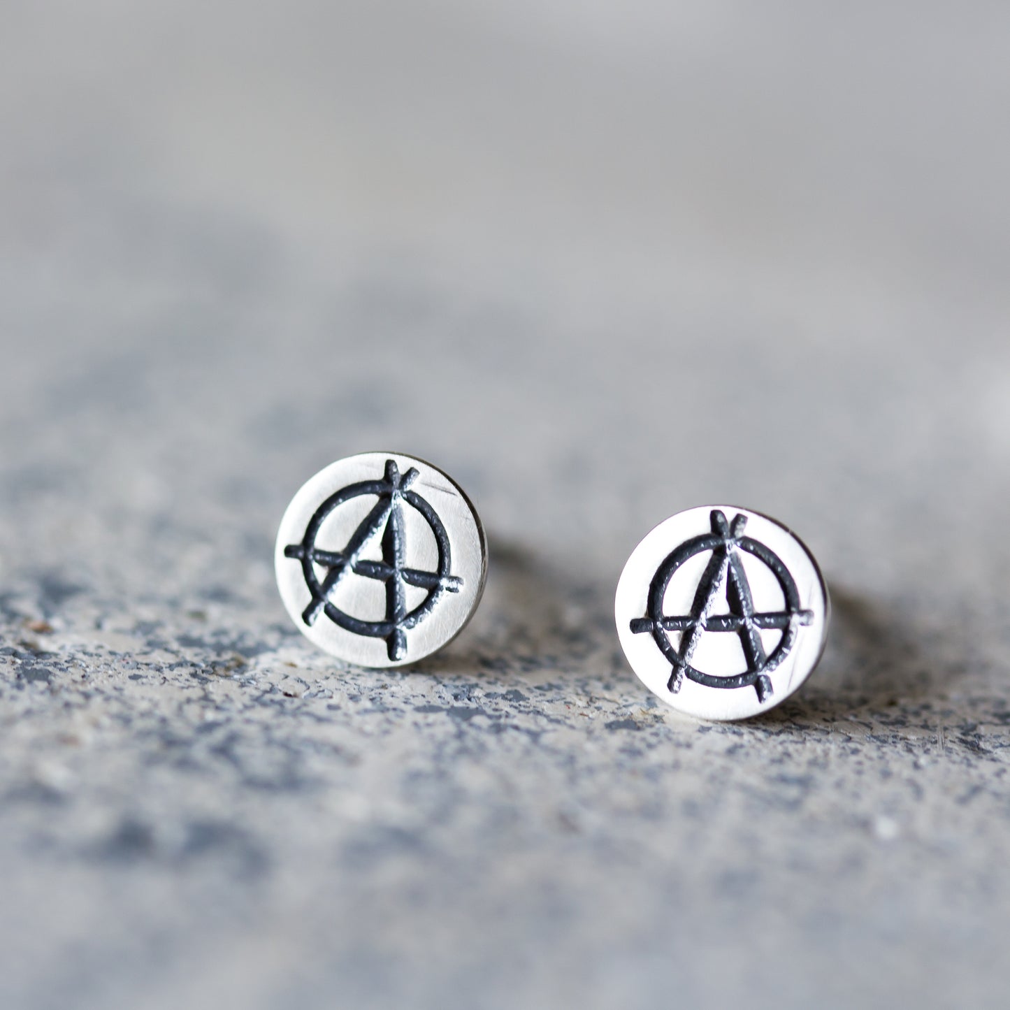 Punk Rock Anarchy Logo Stud Earrings, Hand Stamped Sterling Silver - jewelry by CookOnStrike
