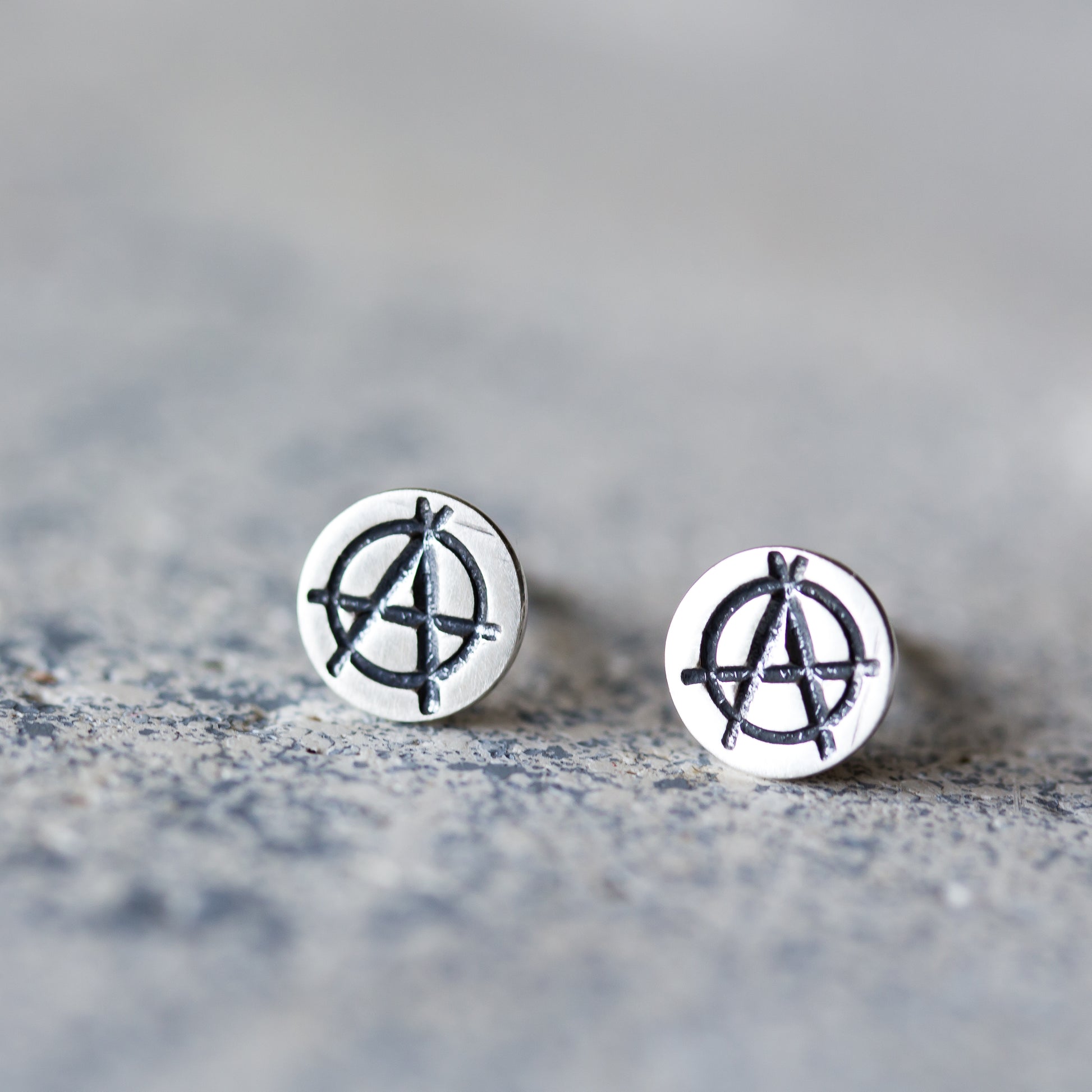 Punk Rock Anarchy Logo Stud Earrings, Hand Stamped Sterling Silver - jewelry by CookOnStrike