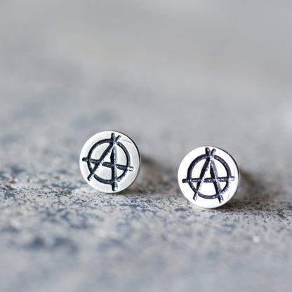 Punk Rock Anarchy Logo Stud Earrings, Hand Stamped Sterling Silver - jewelry by CookOnStrike