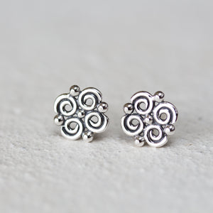 Small Intricate Spiral and Dot Ornamental Stud Earrings, Sterling Silver - jewelry by CookOnStrike