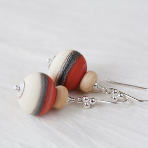 Etched burnt orange red and ivory white lampwork earrings, Sterling silver - jewelry by CookOnStrike