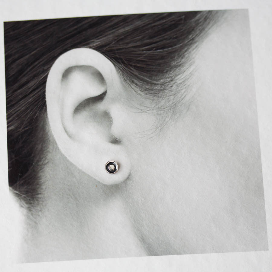 Round Stud Earrings, Black Dome with a Shiny Silver Dot - jewelry by CookOnStrike
