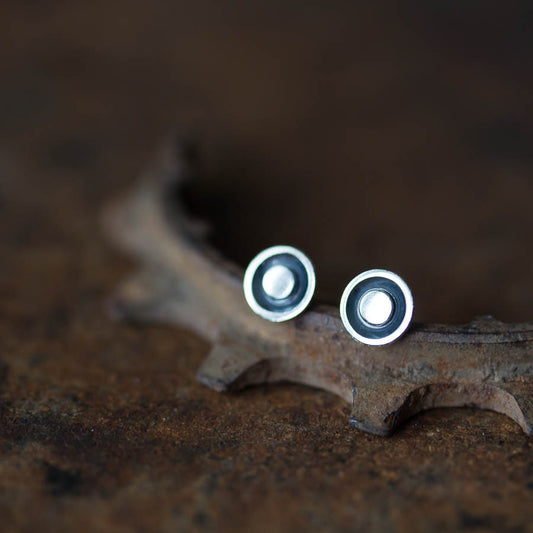 Round Stud Earrings, Black Dome with a Shiny Silver Dot - jewelry by CookOnStrike