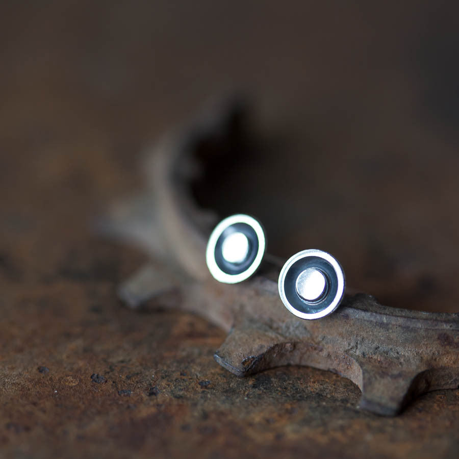 Round Stud Earrings, Black Dome with a Shiny Silver Dot - jewelry by CookOnStrike