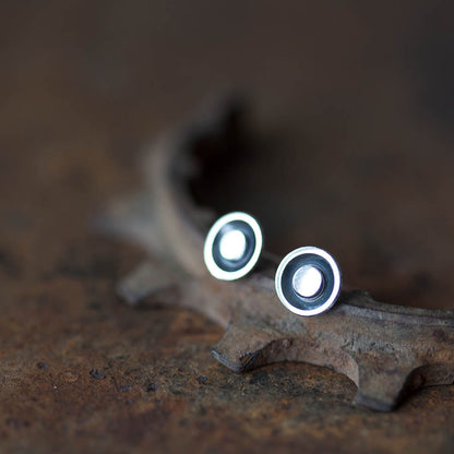 Round Stud Earrings, Black Dome with a Shiny Silver Dot - jewelry by CookOnStrike