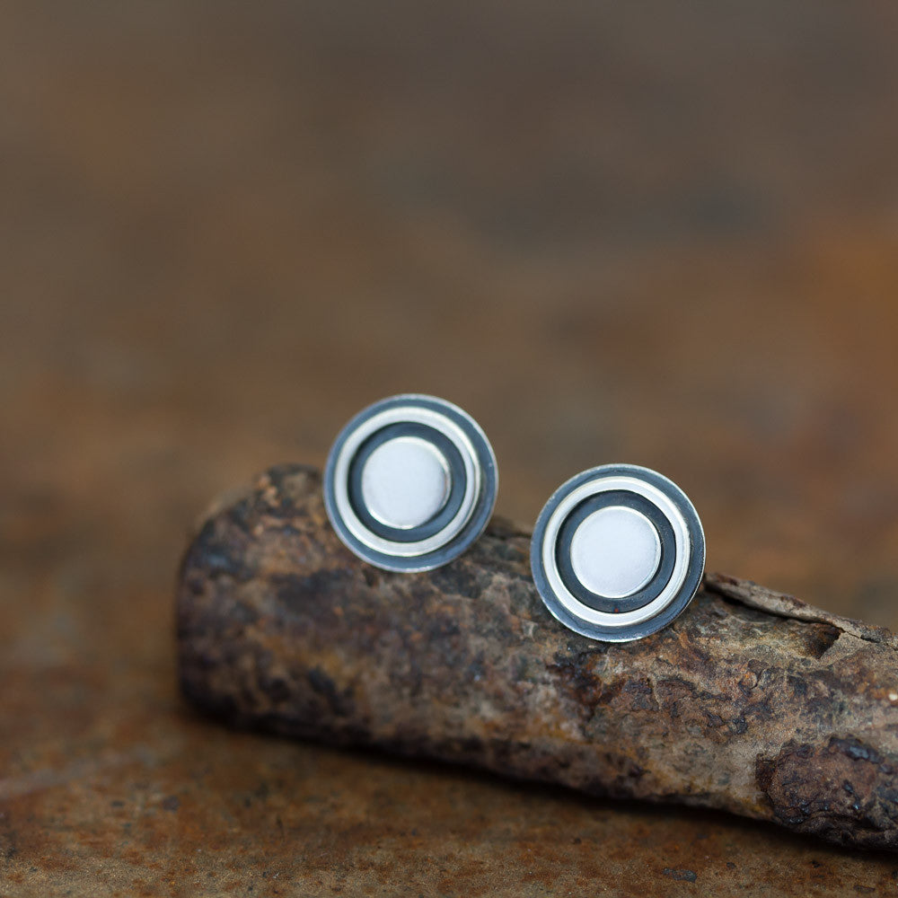 9.5mm Silver Bullseye Stud Earrings, Unisex - jewelry by CookOnStrike