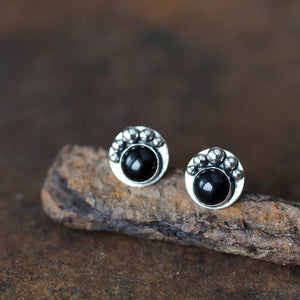 Black Onyx Studs, Round Cabochon Earrings With Silver Dots - jewelry by CookOnStrike