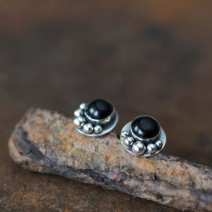 Black Onyx Studs, Round Cabochon Earrings With Silver Dots - jewelry by CookOnStrike