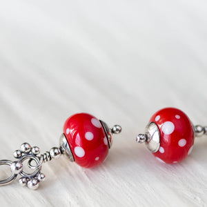 Bright Red Polka Dot Lampwork Earrings, Sterling Silver - jewelry by CookOnStrike