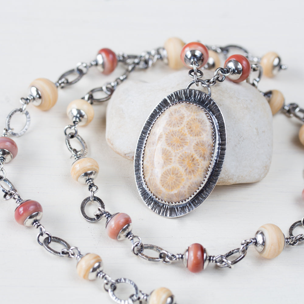 Agatized Fossil Coral Necklace, Pastel Floral Pattern Stone in Silver Bezel - jewelry by CookOnStrike