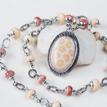 Agatized Fossil Coral Necklace, Pastel Floral Pattern Stone in Silver Bezel - jewelry by CookOnStrike