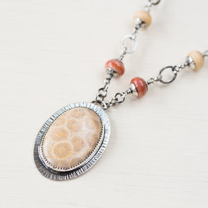 Agatized Fossil Coral Necklace, Pastel Floral Pattern Stone in Silver Bezel - jewelry by CookOnStrike
