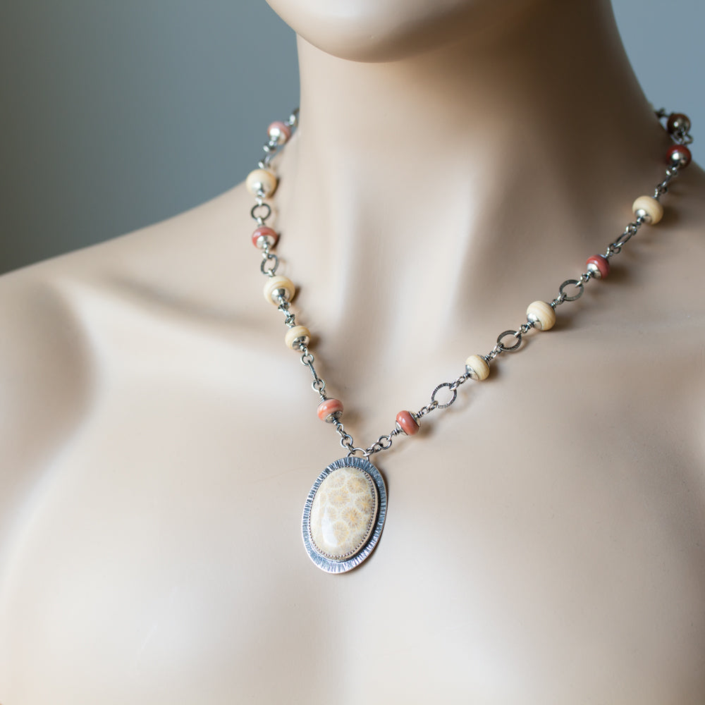 Agatized Fossil Coral Necklace, Pastel Floral Pattern Stone in Silver Bezel - jewelry by CookOnStrike