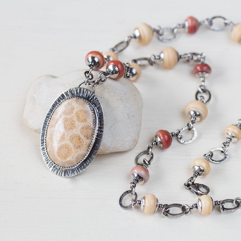 Agatized Fossil Coral Necklace, Pastel Floral Pattern Stone in Silver Bezel - jewelry by CookOnStrike