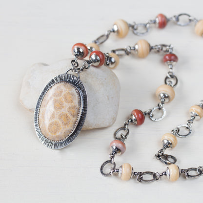Agatized Fossil Coral Necklace, Pastel Floral Pattern Stone in Silver Bezel - jewelry by CookOnStrike