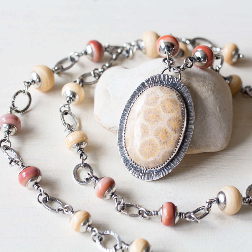Agatized Fossil Coral Necklace, Pastel Floral Pattern Stone in Silver Bezel - jewelry by CookOnStrike