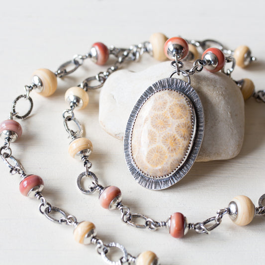 Agatized Fossil Coral Necklace, Pastel Floral Pattern Stone in Silver Bezel - jewelry by CookOnStrike