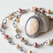 Load image into Gallery viewer, Agatized Fossil Coral Necklace, Pastel Floral Pattern Stone in Silver Bezel - jewelry by CookOnStrike