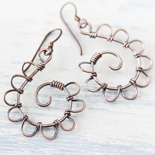 Playful Solid Copper Spiral Earrings, Hypoallergenic - jewelry by CookOnStrike
