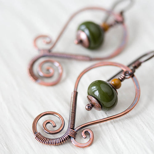 Olive Green Lampwork Earrings, Oxidized copper wirework, hypoallergenic - jewelry by CookOnStrike