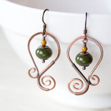 Load image into Gallery viewer, Olive Green Lampwork Earrings, Oxidized copper wirework, hypoallergenic - jewelry by CookOnStrike
