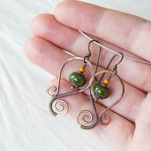 Olive Green Lampwork Earrings, Oxidized copper wirework, hypoallergenic - jewelry by CookOnStrike
