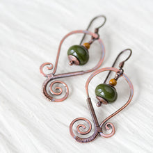 Load image into Gallery viewer, Olive Green Lampwork Earrings, Oxidized copper wirework, hypoallergenic - jewelry by CookOnStrike