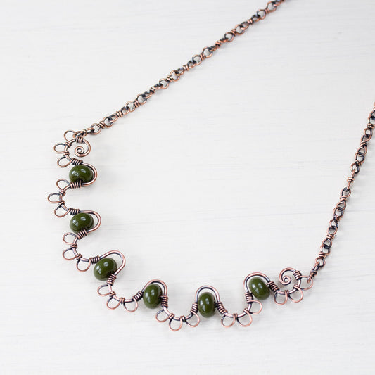 Earthy Copper Waves Necklace with Olive Green Lampwork Beads - jewelry by CookOnStrike