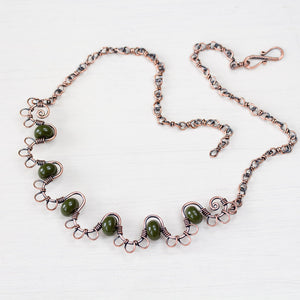 Earthy Copper Waves Necklace with Olive Green Lampwork Beads - jewelry by CookOnStrike